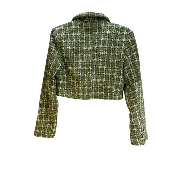 Fashion Nova Christine Tweed Cropped Blazer Jacket L Green White Dressy Preppy - Picture 2 of 10